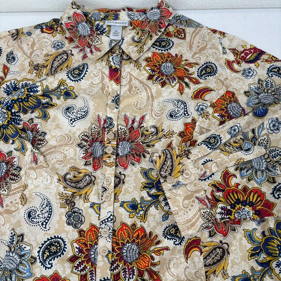Catherines Button Front Top Size 2X Tan Orange Floral Cotton Roll Tab Sleeve - Picture 10 of 13